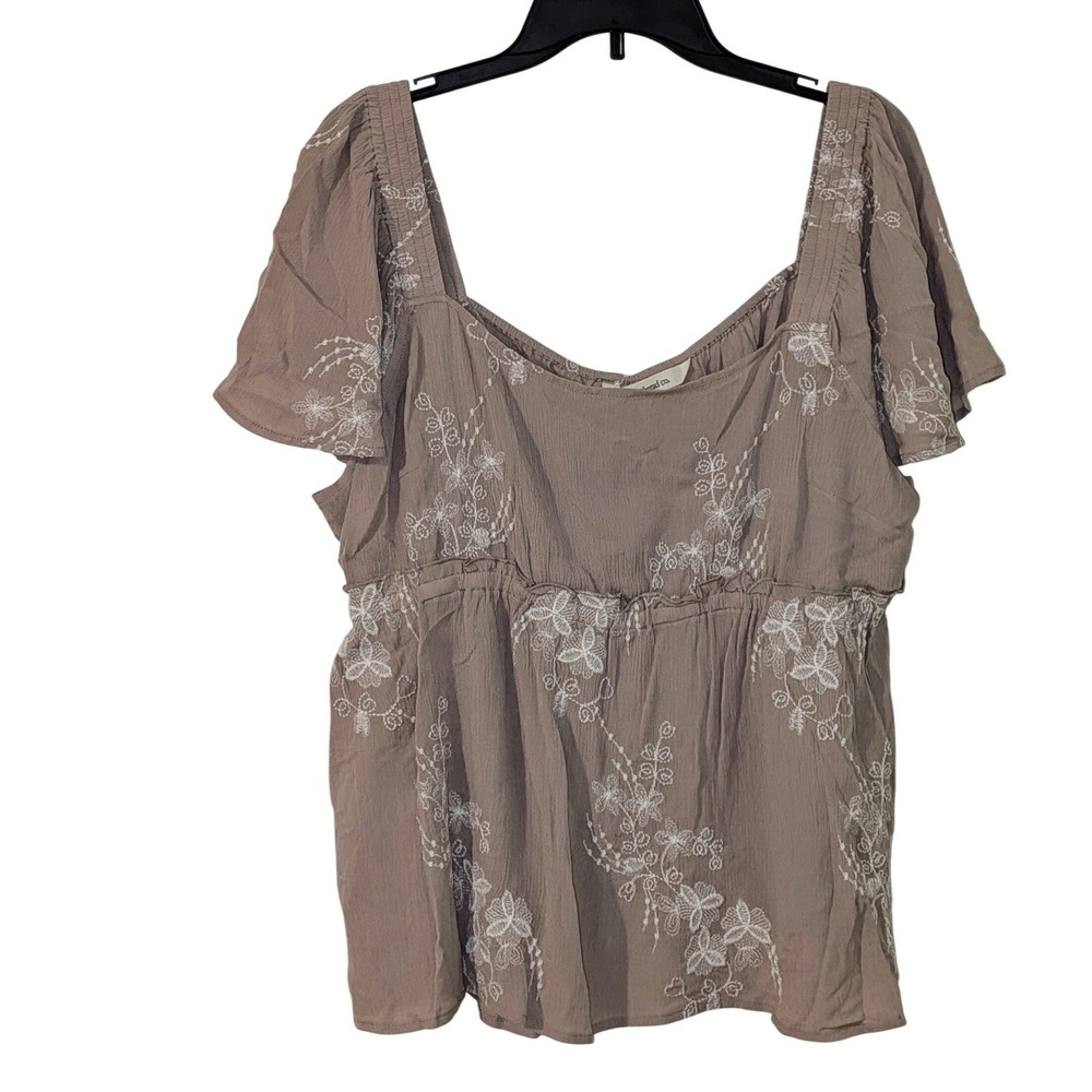 Indigo Thread Co 1X Taupe Floral Embroidered Square Neck Flutter Sleeve Top NWOT